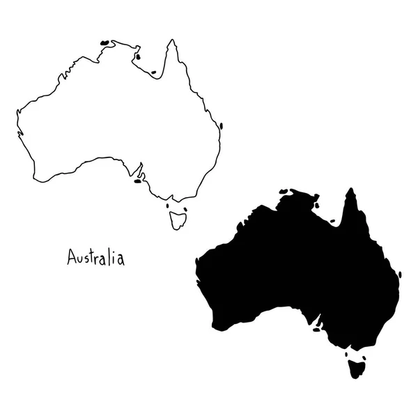 Schema e mappa silhouette dell'Australia - illustrazione vettoriale disegnata a mano con linee nere, isolata su sfondo bianco — Vettoriale Stock
