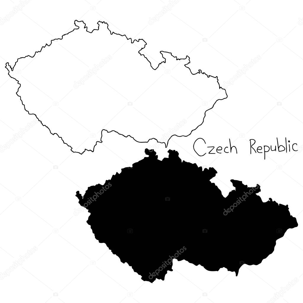 outline and silhouette map of Czech Republic - vector illustration hand drawn with black lines, isolated on white backgroun