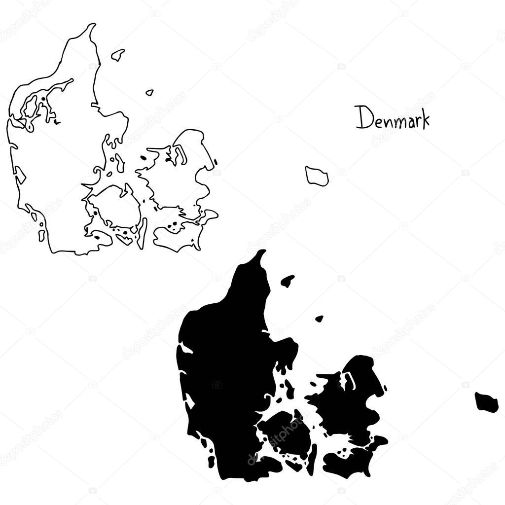 outline and silhouette map of Denmark - vector illustration hand drawn with black lines, isolated on white background