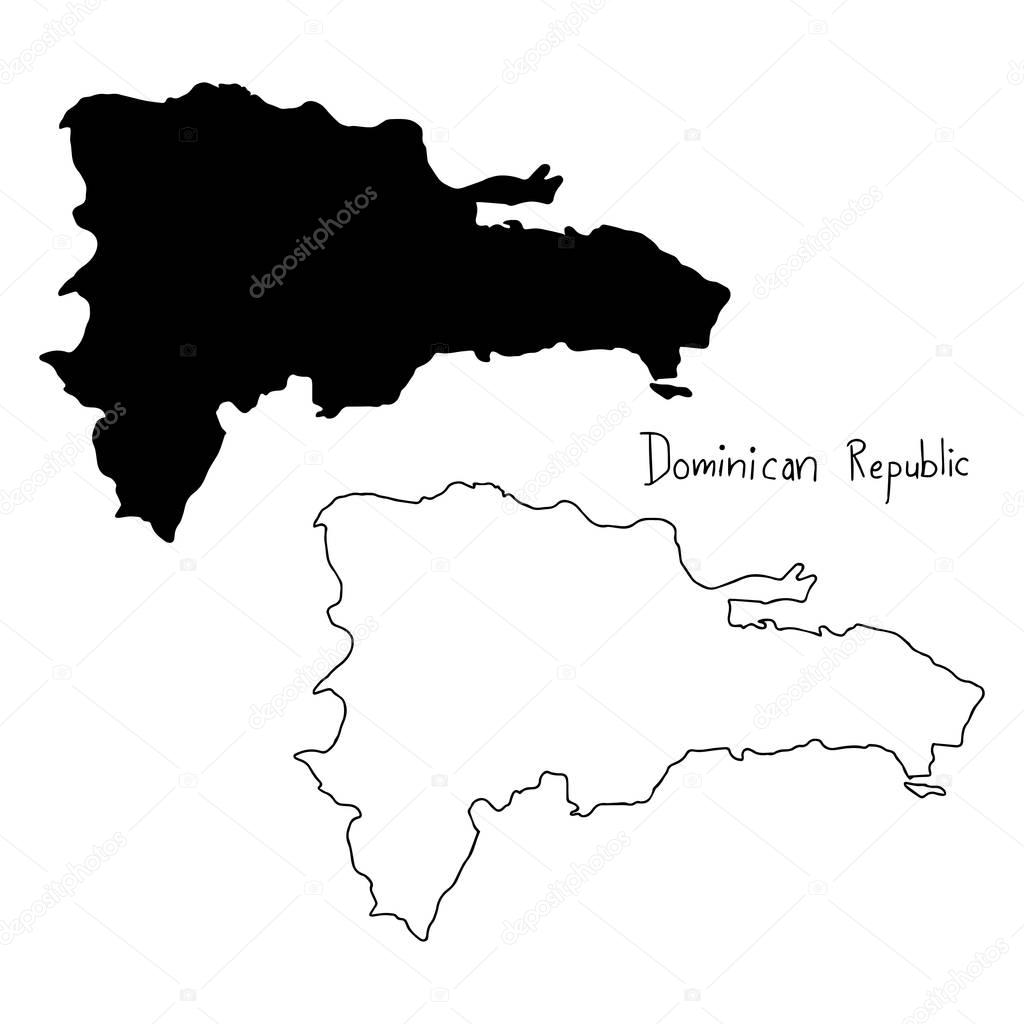 outline and silhouette map of Dominican Republic - vector illustration hand drawn with black lines, isolated on white background