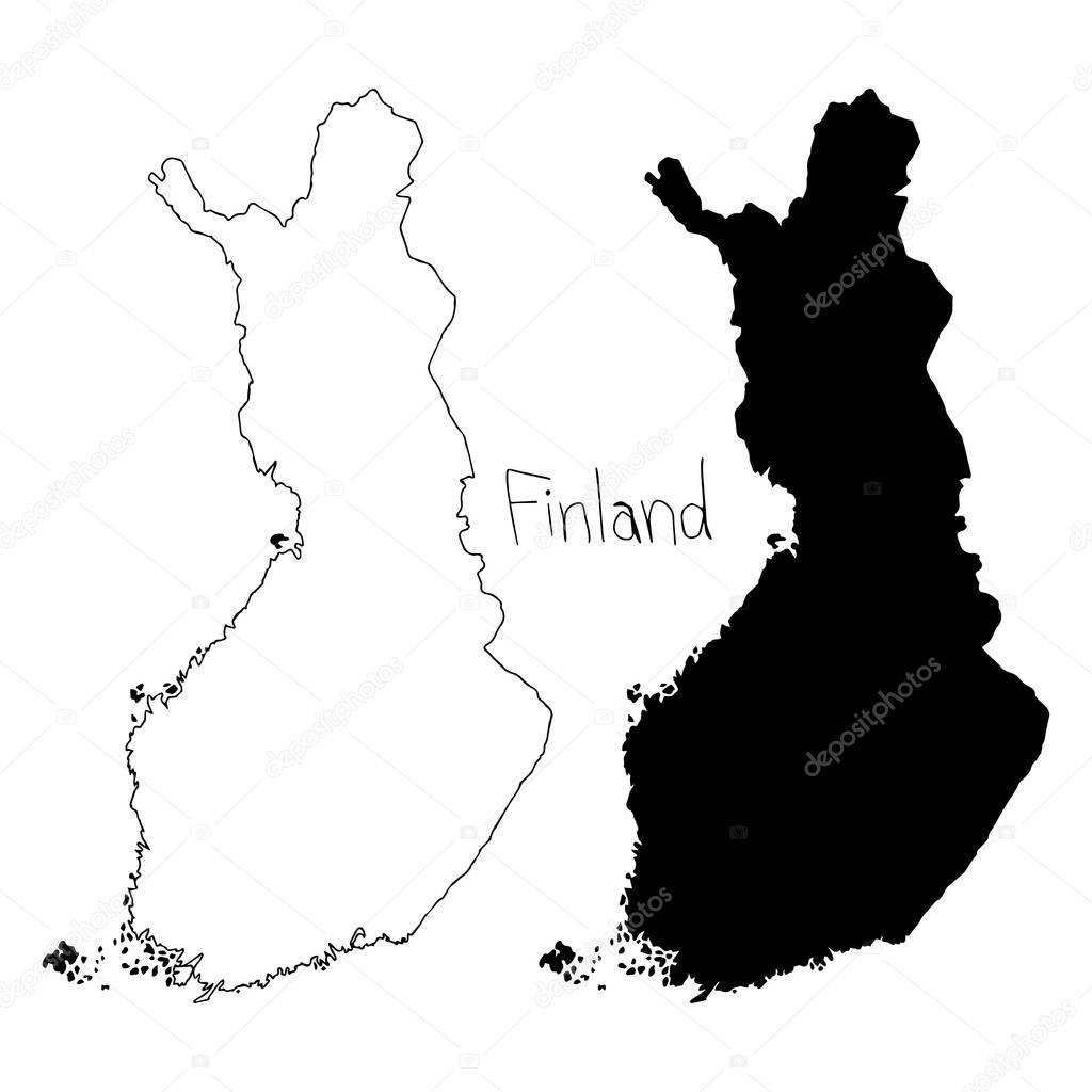 outline and silhouette map of Finland - vector illustration hand drawn with black lines, isolated on white background
