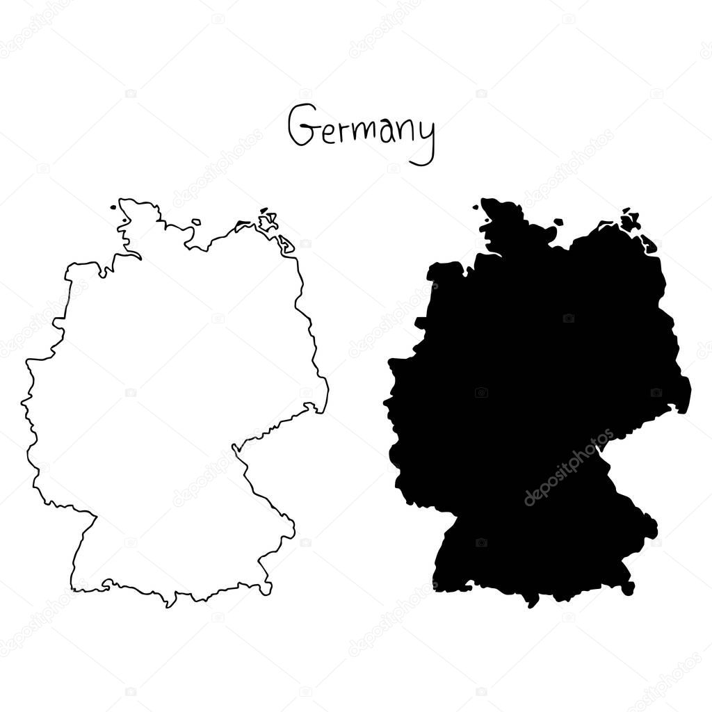outline and silhouette map of Germany - vector illustration hand drawn with black lines, isolated on white background