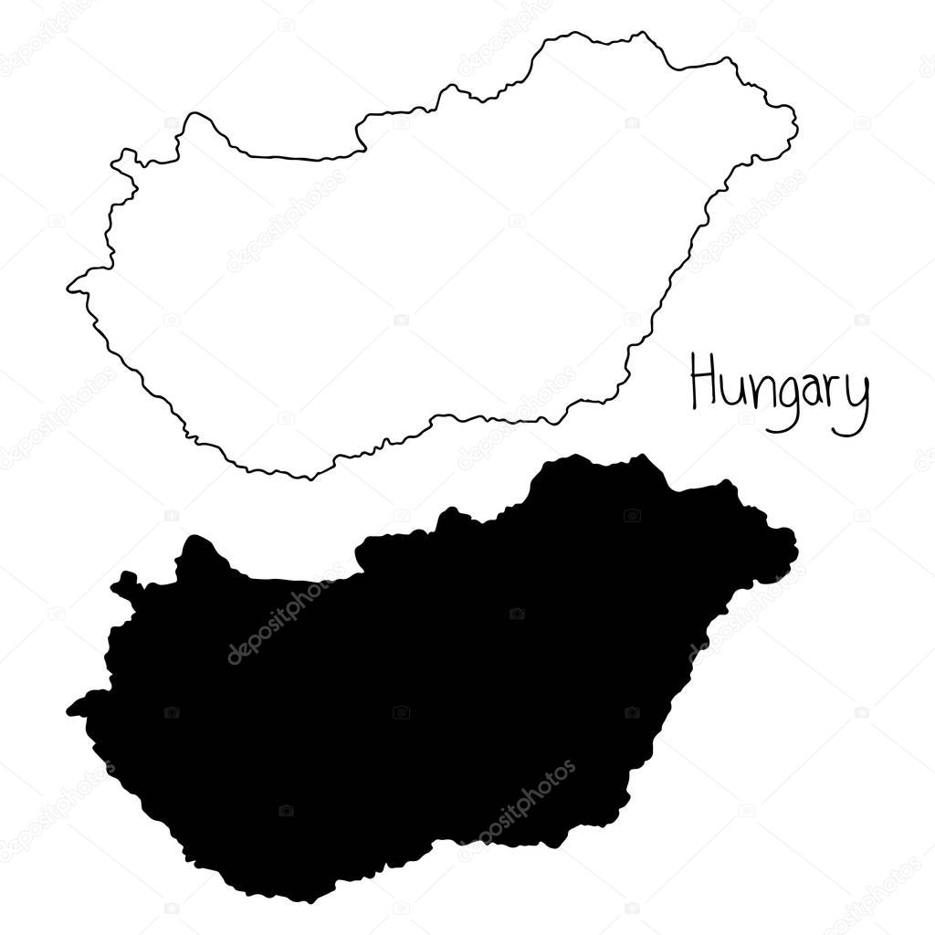 outline and silhouette map of Hungary - vector illustration hand drawn with black lines, isolated on white backgroundnd