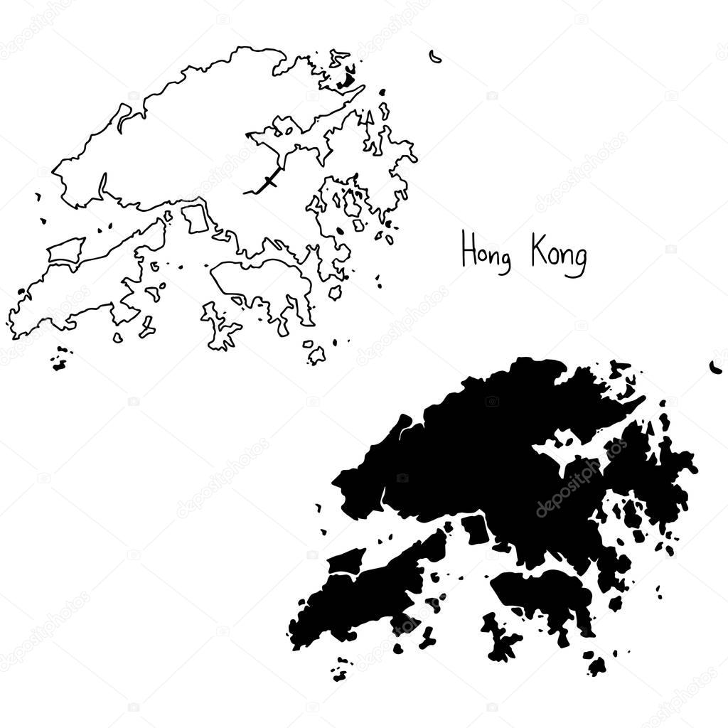 outline and silhouette map of Hong Kong - vector illustration hand drawn with black lines, isolated on white background