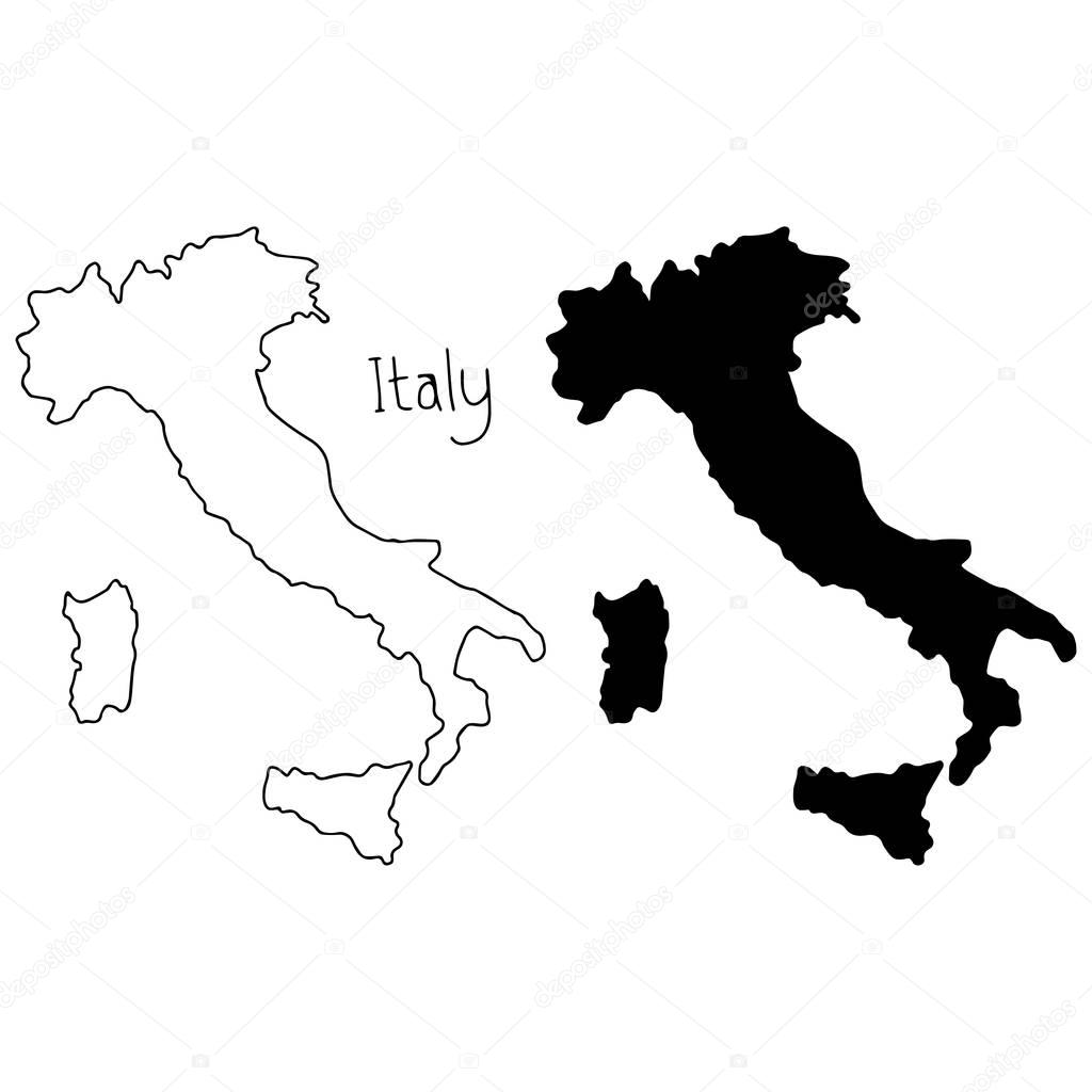 outline and silhouette map of Italy - vector illustration hand drawn with black lines, isolated on white background