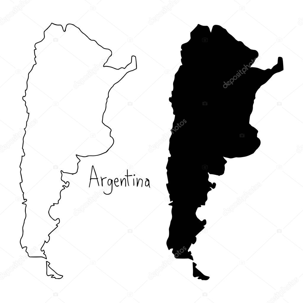 outline and silhouette map of Argentina - vector illustration hand drawn with black lines, isolated on white background