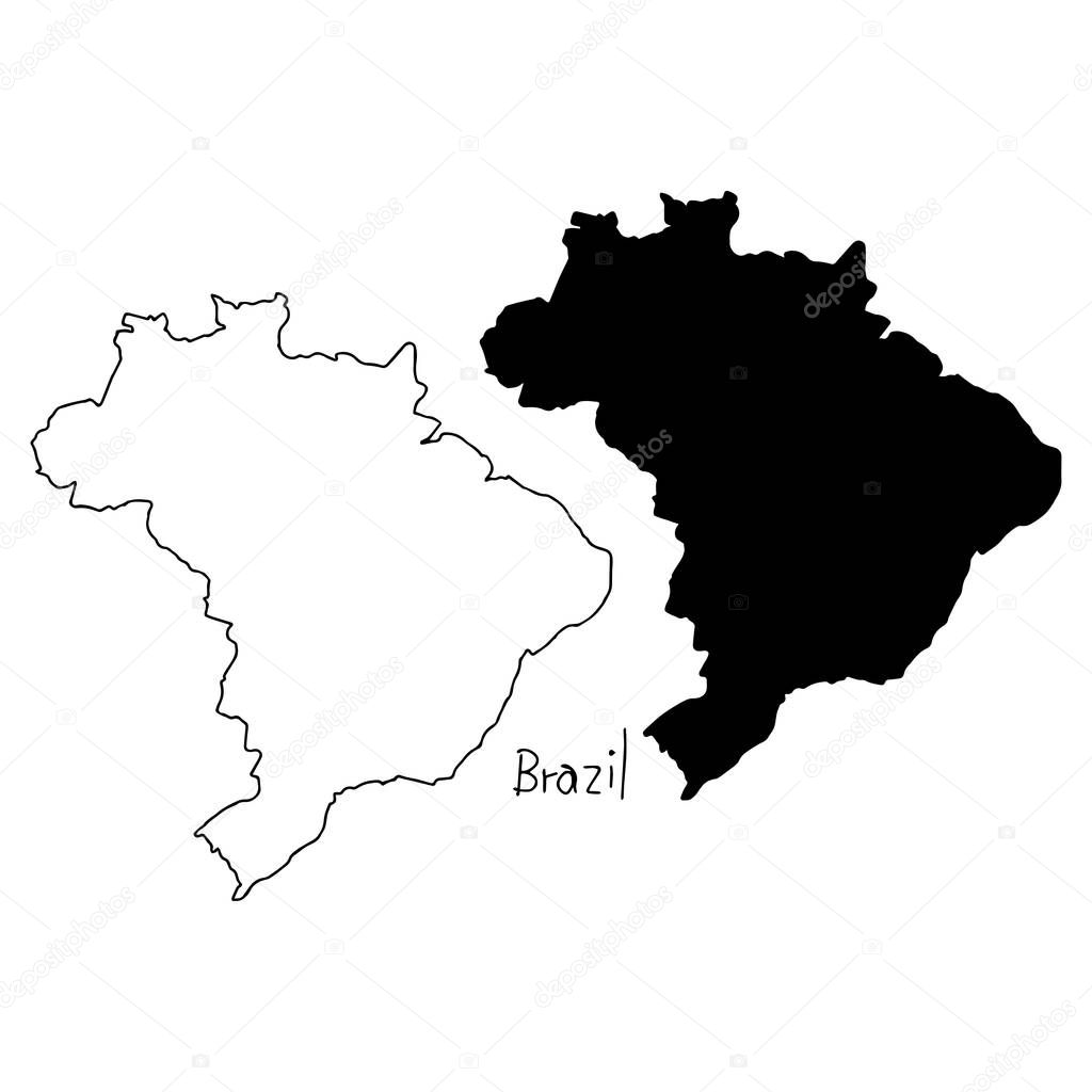 outline and silhouette map of brazil - vector illustration hand drawn with black lines, isolated on white background
