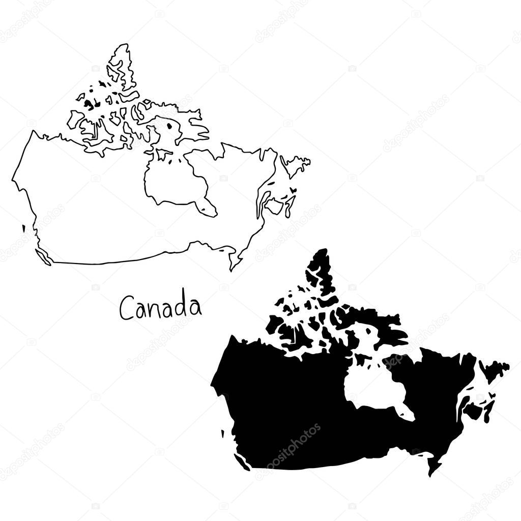 outline and silhouette map of Canada - vector illustration hand drawn with black lines, isolated on white background