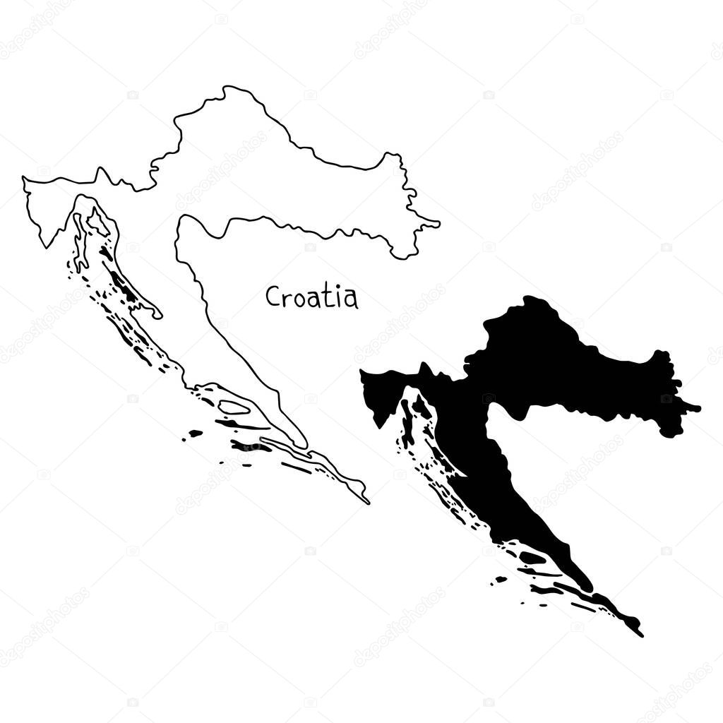 outline and silhouette map of Croatia - vector illustration hand drawn with black lines, isolated on white background