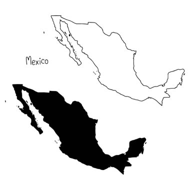 outline and silhouette map of Mexico - vector illustration hand drawn with black lines, isolated on white background clipart