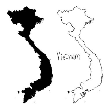 Vietnam - vektör çizim elle izole beyaz arka plan üzerinde siyah çizgilerle çizilmiş anahat ve siluet Haritası