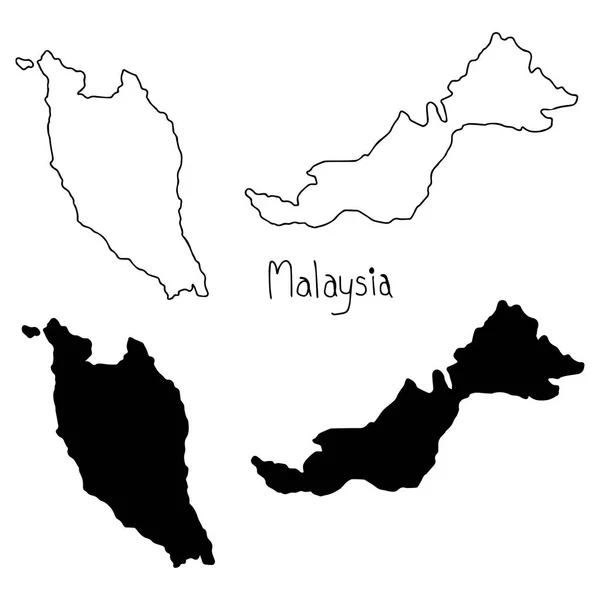 Umriss- und Silhouettenkarte von Malaysia - Vektorillustration von Hand mit schwarzen Linien gezeichnet, isoliert auf weißem Hintergrund — Stockvektor