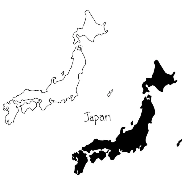 Outline dan siluet peta Jepang - vektor gambar tangan dengan garis hitam, terisolasi pada latar belakang putih - Stok Vektor
