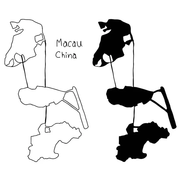 澳门中国-矢量图手绘与孤立的白色背景上的黑色线条的轮廓和剪影的电子地图 — 图库矢量图片