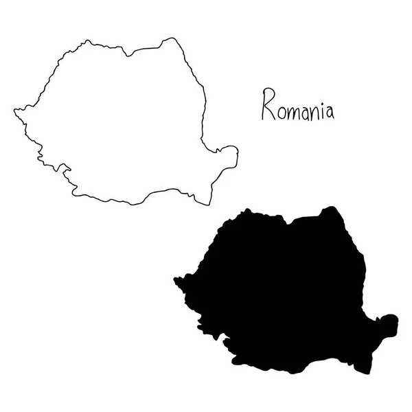 Esboço e mapa silhueta da Roménia - ilustração vetorial desenhada à mão com linhas pretas, isolada sobre fundo branco — Vetor de Stock