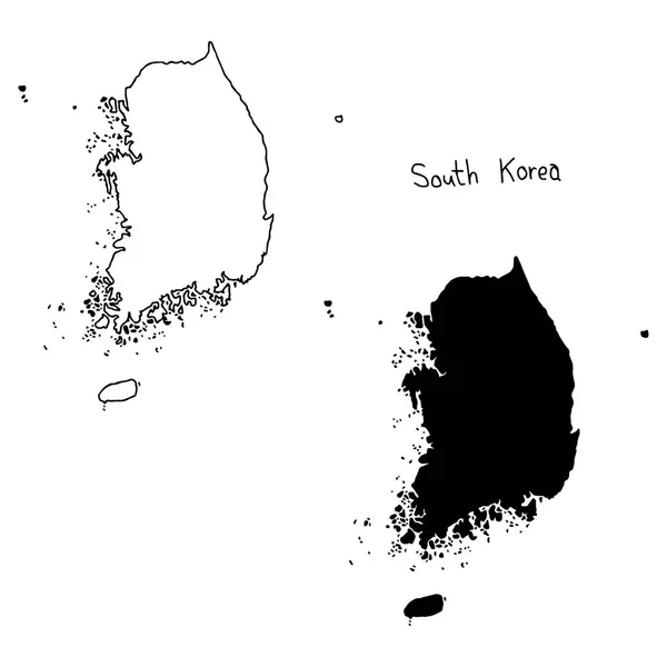 Disposition och silhouette karta över Sydkorea - vektor illustration hand dras med svarta linjer, isolerad på vit bakgrund — Stock vektor