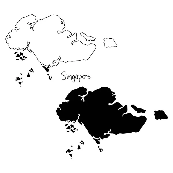 Contour et silhouette carte de Singapour - illustration vectorielle dessinée à la main avec des lignes noires, isolée sur fond blanc — Image vectorielle