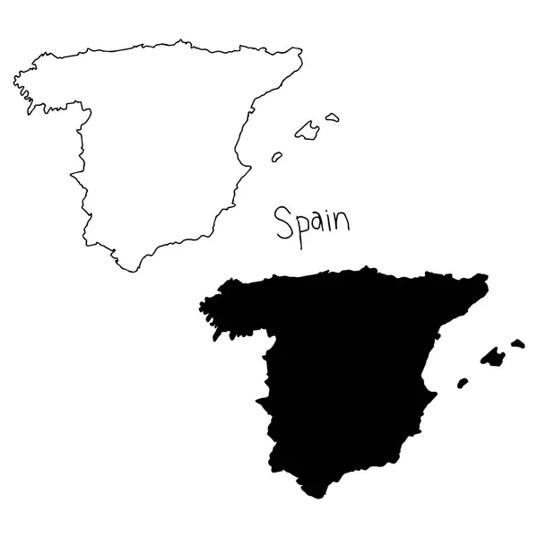 스페인-벡터 일러스트 레이 션 손으로 그린 블랙 라인으로, 흰색 배경에 고립의 개요 및 실루엣 지도 — 스톡 벡터