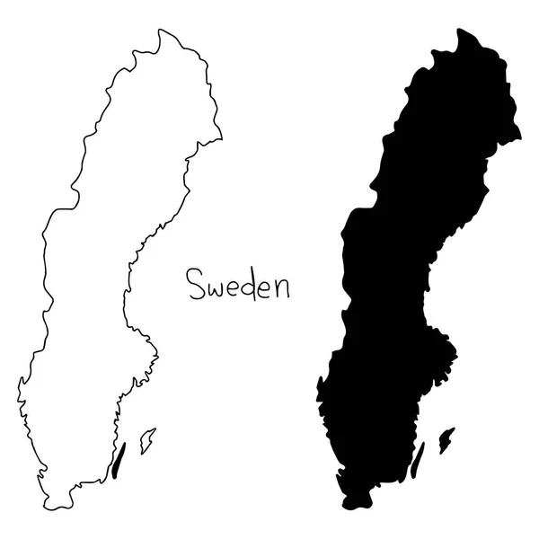 Esquema y mapa de silueta de Suecia - ilustración vectorial dibujada a mano con líneas negras, aislada sobre fondo blanco — Archivo Imágenes Vectoriales