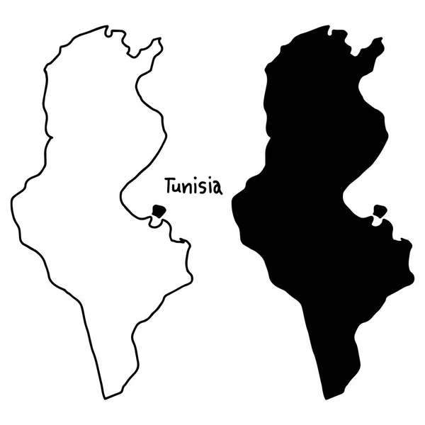 Schema e mappa silhouette della Tunisia - illustrazione vettoriale disegnata a mano con linee nere, isolata su sfondo bianco — Vettoriale Stock