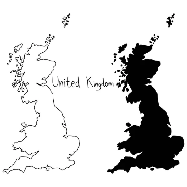 Overzicht en silhouet kaart voor Verenigd Koninkrijk - vector illustratie hand getekend met zwarte lijnen, geïsoleerd op witte achtergrond — Stockvector