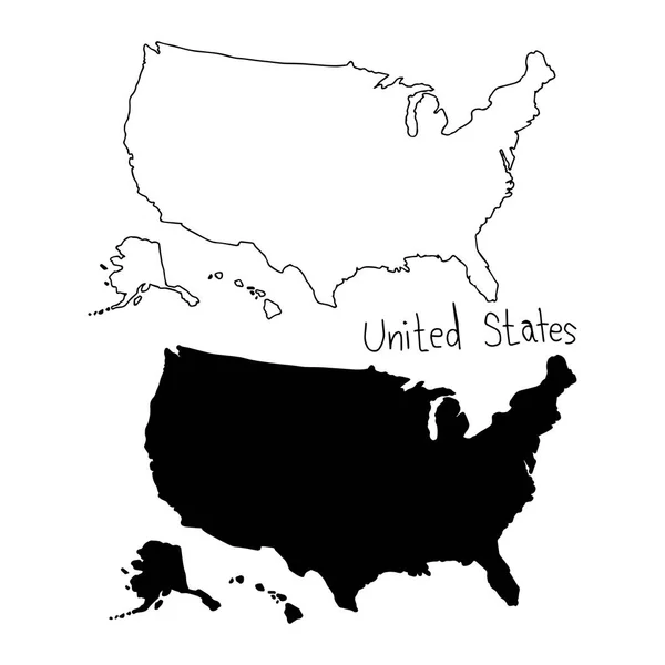 Διάρθρωσης και σιλουέτα χάρτη η Γιουνάιτεντ δηλώνει - διανυσματικά εικονογράφηση χέρι με μαύρες γραμμές, απομονώνονται σε λευκό φόντο — Διανυσματικό Αρχείο