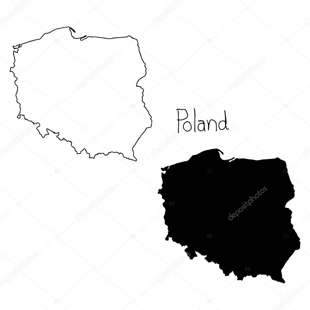 outline and silhouette map of Poland - vector illustration hand drawn with black lines, isolated on white background