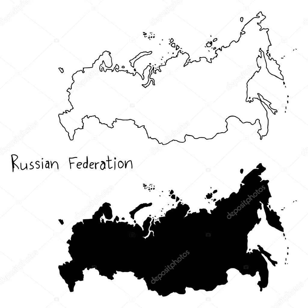 outline and silhouette map of Russian Federation - vector illustration hand drawn with black lines, isolated on white background