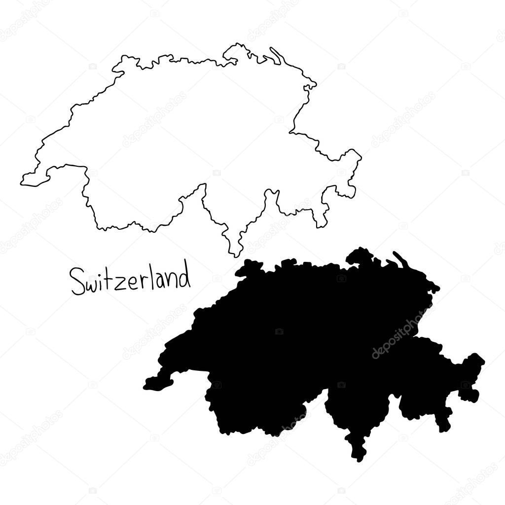 outline and silhouette map of Switzerland - vector illustration hand drawn with black lines, isolated on white background