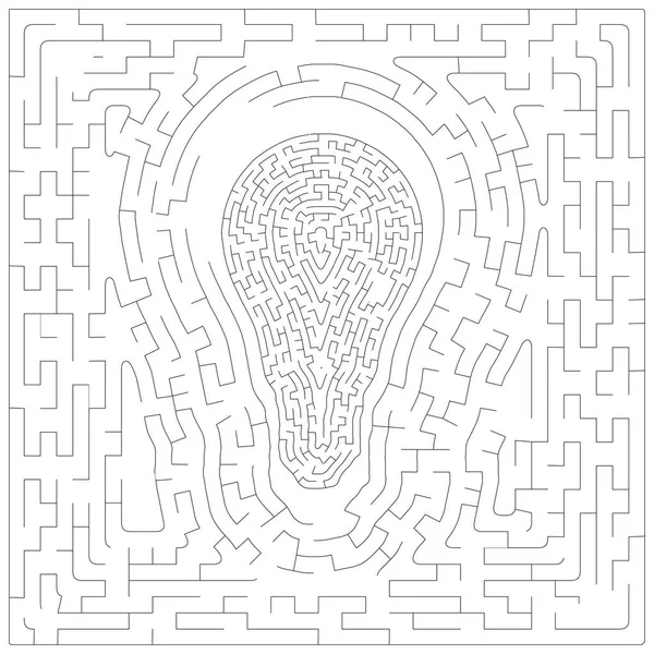 Labyrinth Maze Game and  with outline of  bulb in the middle isolated on white background, idea concept — Stock Vector