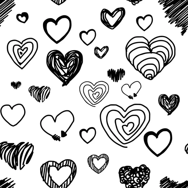 Motif sans couture différentes conceptions de coeur illustration vectorielle dessinée à la main avec des lignes noires, isolé sur fond blanc — Image vectorielle