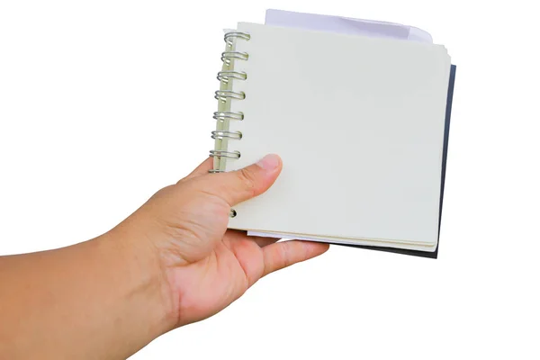 Lewa ręka azjatycki człowiek przytrzymanie puste spirala notebook na białym tle — Zdjęcie stockowe