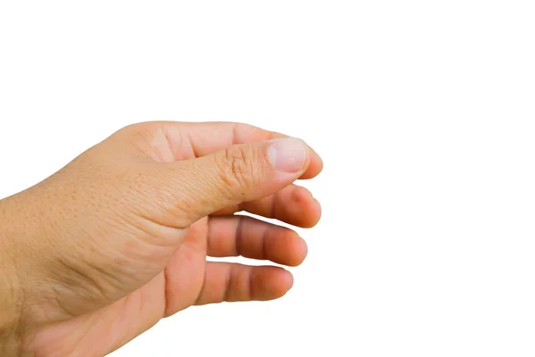 Left hand of asian man holding invisible card isolated on white background — Stock Photo, Image