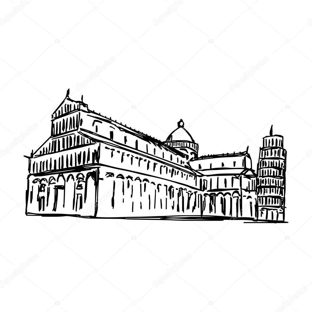 Pisa's Cathedral Square with the Tower of Pisa and the Cathedral - vector illustration sketch hand drawn with black lines, isolated on white background