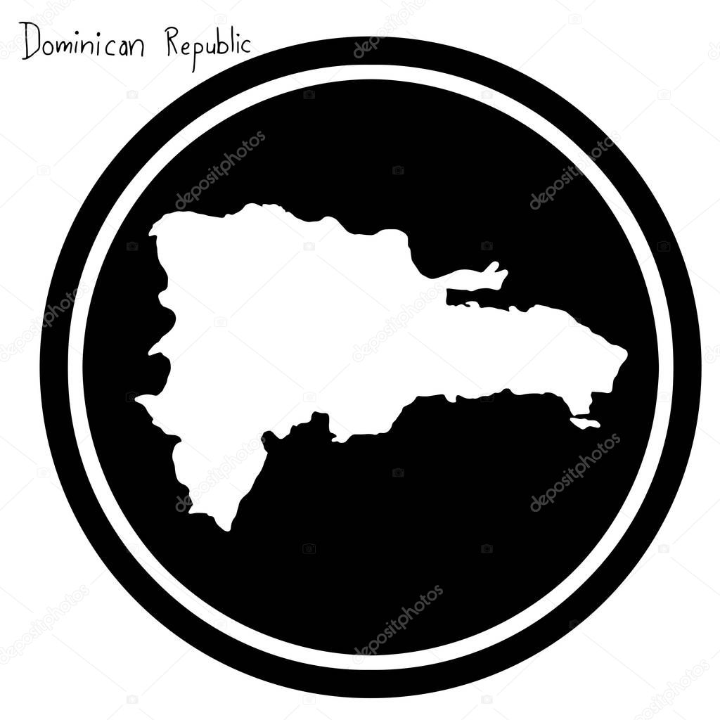 vector illustration white map of Dominican Republic on black circle, isolated on white background