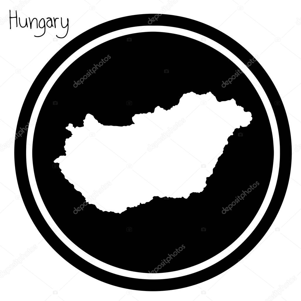 vector illustration white map of Hungary on black circle, isolated on white background