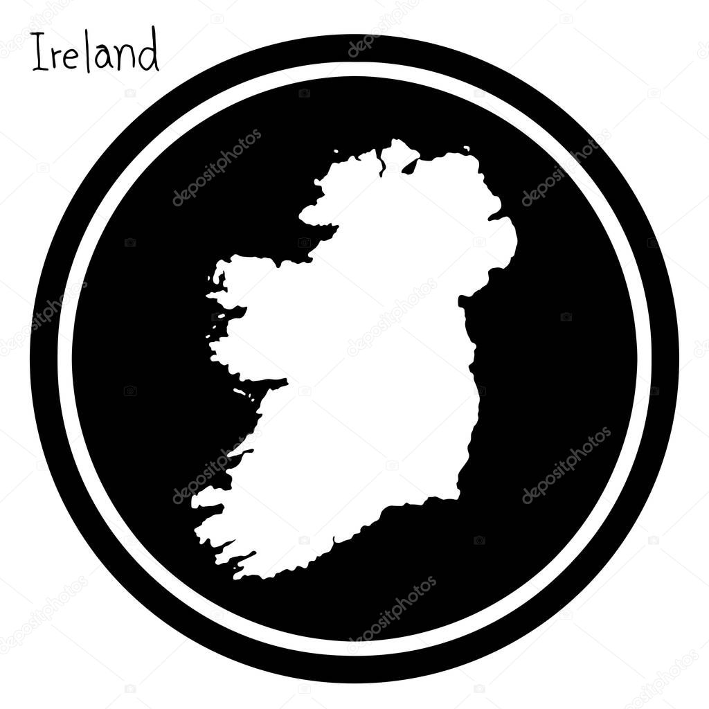 vector illustration white map of Ireland on black circle, isolated on white background