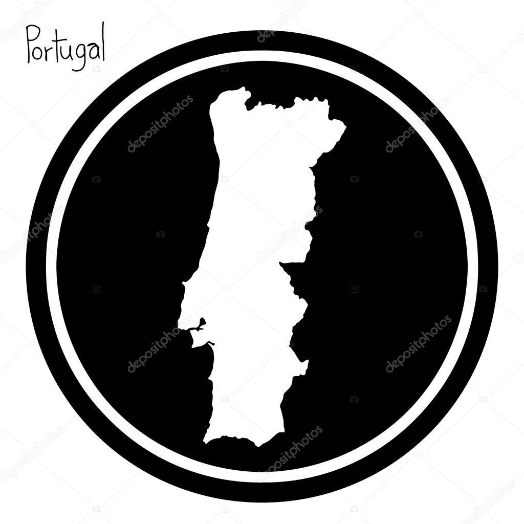 vector illustration white map of Portugal on black circle, isolated on white background