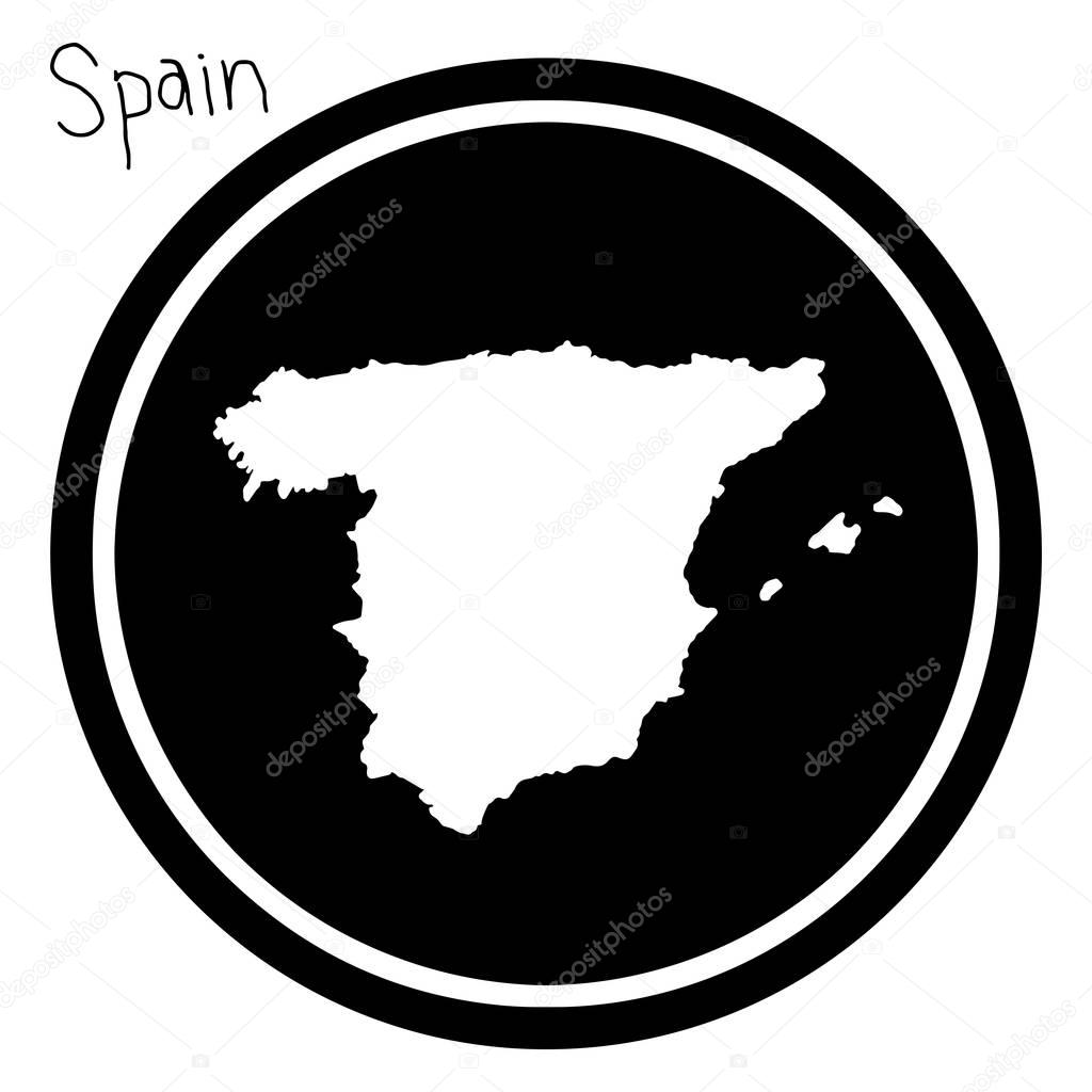 vector illustration white map of Spain on black circle, isolated on white background