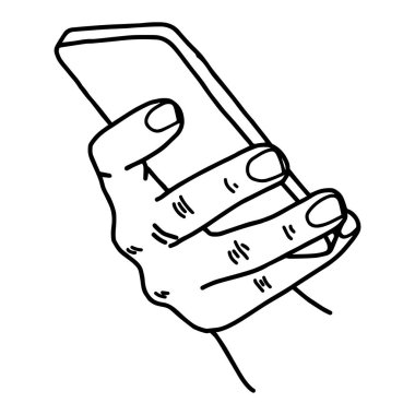 sağ el cep telefonu, içi - beyaz arka plan üzerinde izole siyah çizgilerle çizilmiş vektör illüstrasyon kroki el görünümünden kullanarak