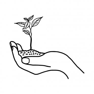 Büyüyen bitki veya toprak sol elinde - beyaz arka plan üzerinde izole siyah çizgilerle çizilmiş vektör illüstrasyon kroki el ile Filiz