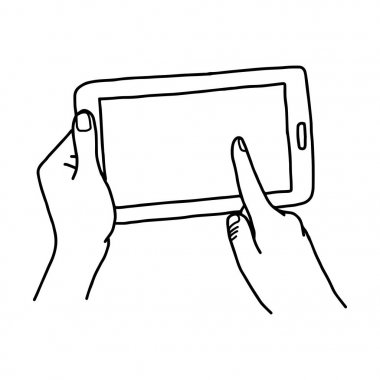 ekran - vektör illüstrasyon kroki elle izole beyaz arka plan üzerinde siyah çizgilerle çizilmiş dokunmadan parmak ile tablet kullanarak ele