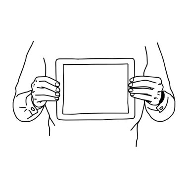 iki eli göğsünde - vektör illüstrasyon kroki elle izole beyaz arka plan üzerinde siyah çizgilerle çizilmiş tablet holding 