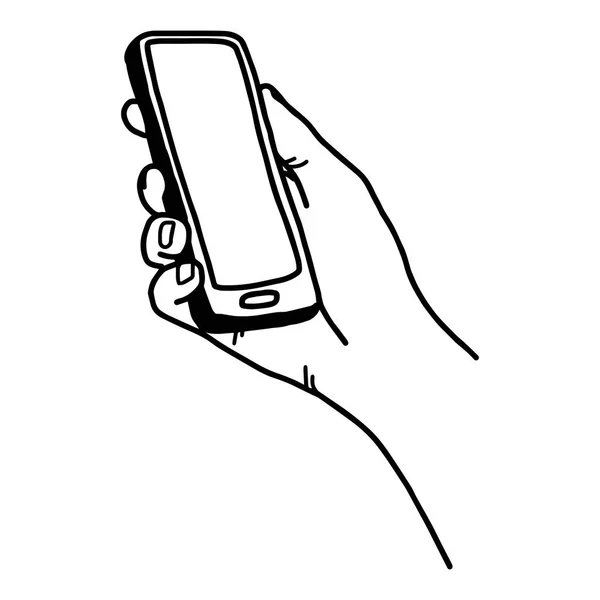 Prawa ręka trzyma smartphone - wektor ilustracja szkic ręcznie rysowane z czarnymi liniami, izolowana na białym tle — Wektor stockowy