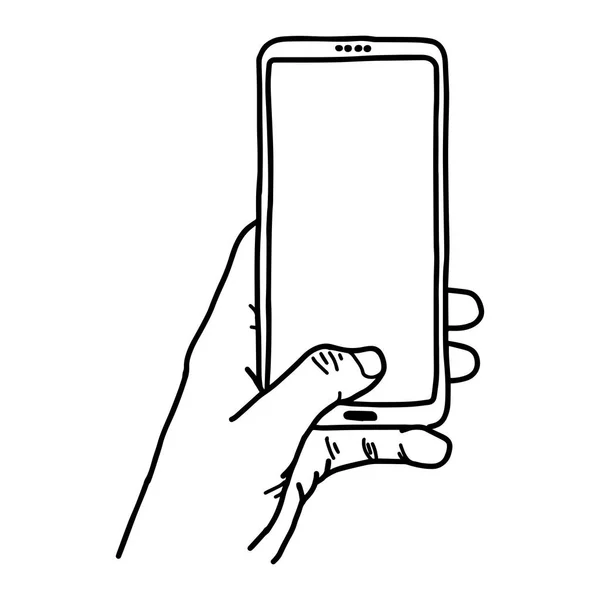 Close up left hand using vertical blank screen mobile phone - croquis vectoriel dessiné à la main avec des lignes noires, isolé sur fond blanc — Image vectorielle