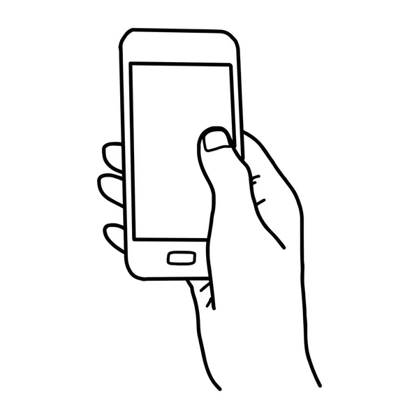 Mão direita segurando smartphone com espaço em branco - ilustração vetorial esboço mão desenhada com linhas pretas, isolado no fundo branco — Vetor de Stock