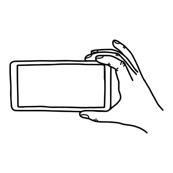 Right hand holding new smartphone without home button - vector illustration sketch hand drawn with black lines, isolated on white background — Stock Vector