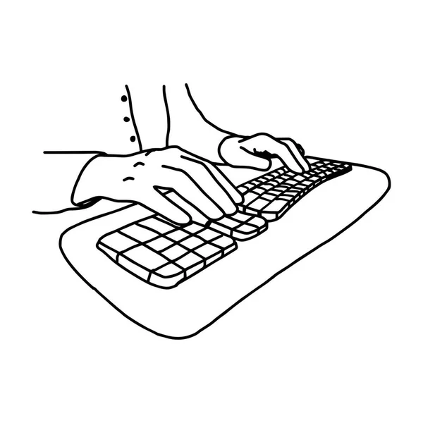 Ręce bez użycia gwoździ na klawiaturze komputera - ilustracja wektorowa szkicu ręcznie rysowane z czarnymi liniami, izolowana na białym tle — Wektor stockowy