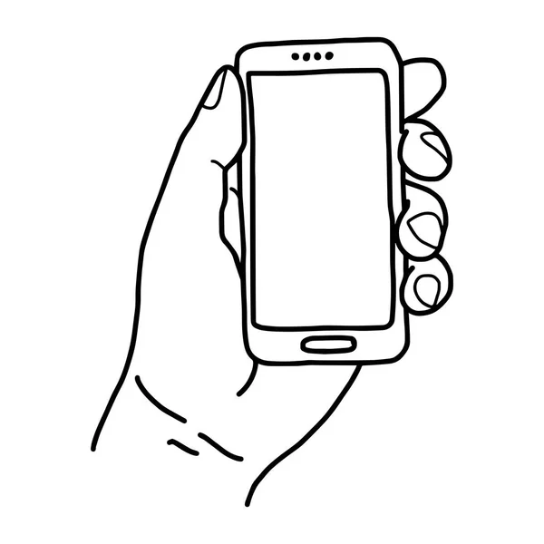 Main gauche tenant un petit téléphone portable - croquis vectoriel d'illustration dessiné à la main avec des lignes noires, isolé sur fond blanc — Image vectorielle