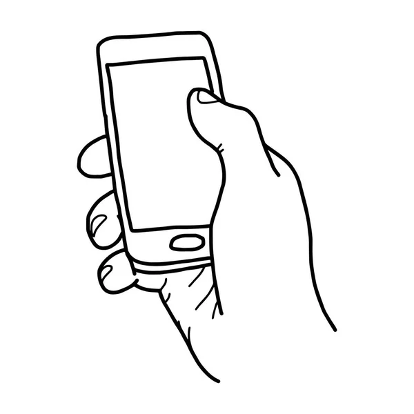 Mão direita segurando pequeno telefone celular com espaço em branco - ilustração vetorial esboço mão desenhada com linhas pretas, isolado em fundo branco — Vetor de Stock